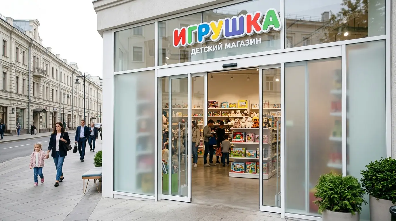 Телескопическая раздвижная система для стеклянных дверей — в магазине, современный дизайн