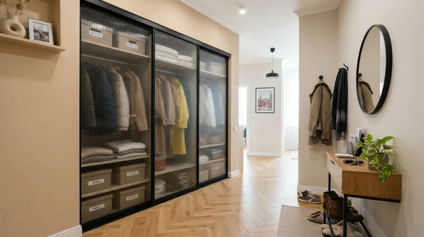 Раздвижные двери в интерьере квартиры — в гардеробной, пример установки