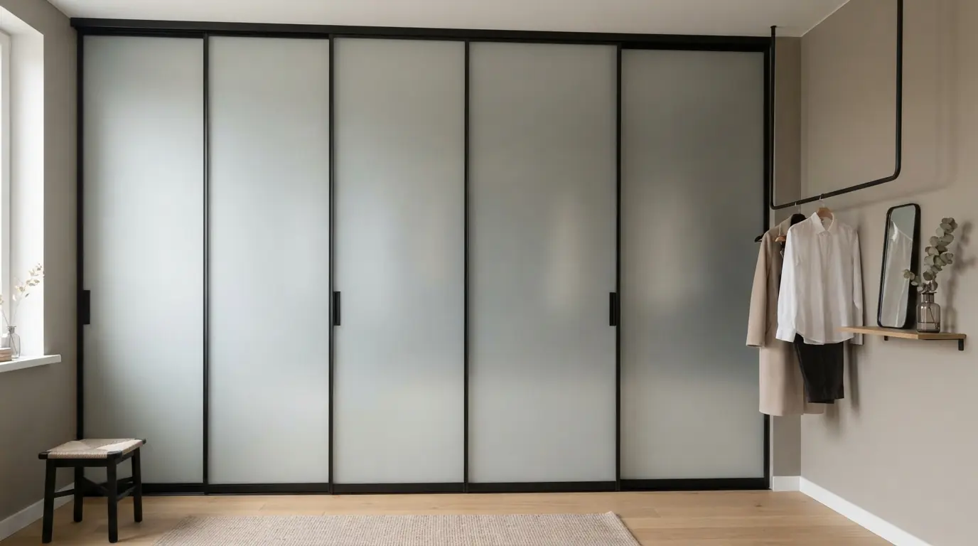 Система раздвижных дверей пенал — в гардеробной, фото работы