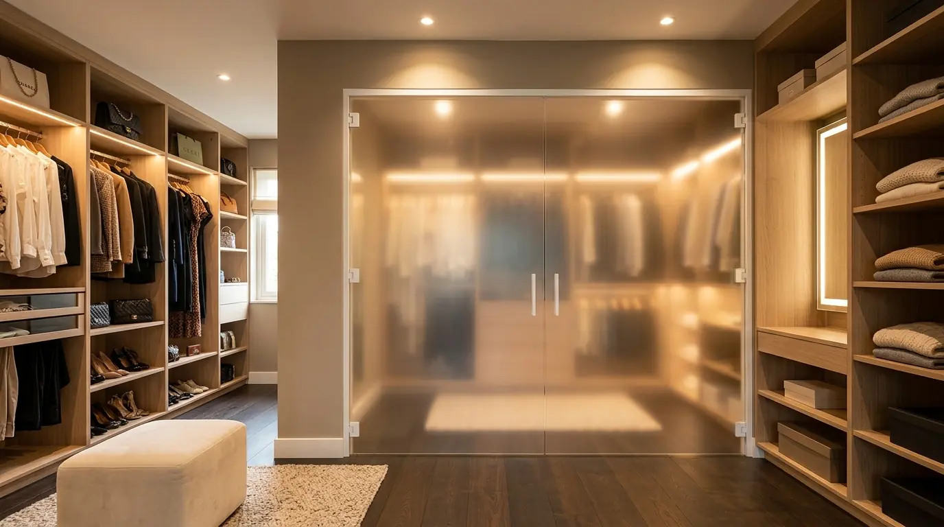 Межкомнатные двери распашные со стеклами — в гардеробной, вид изнутри